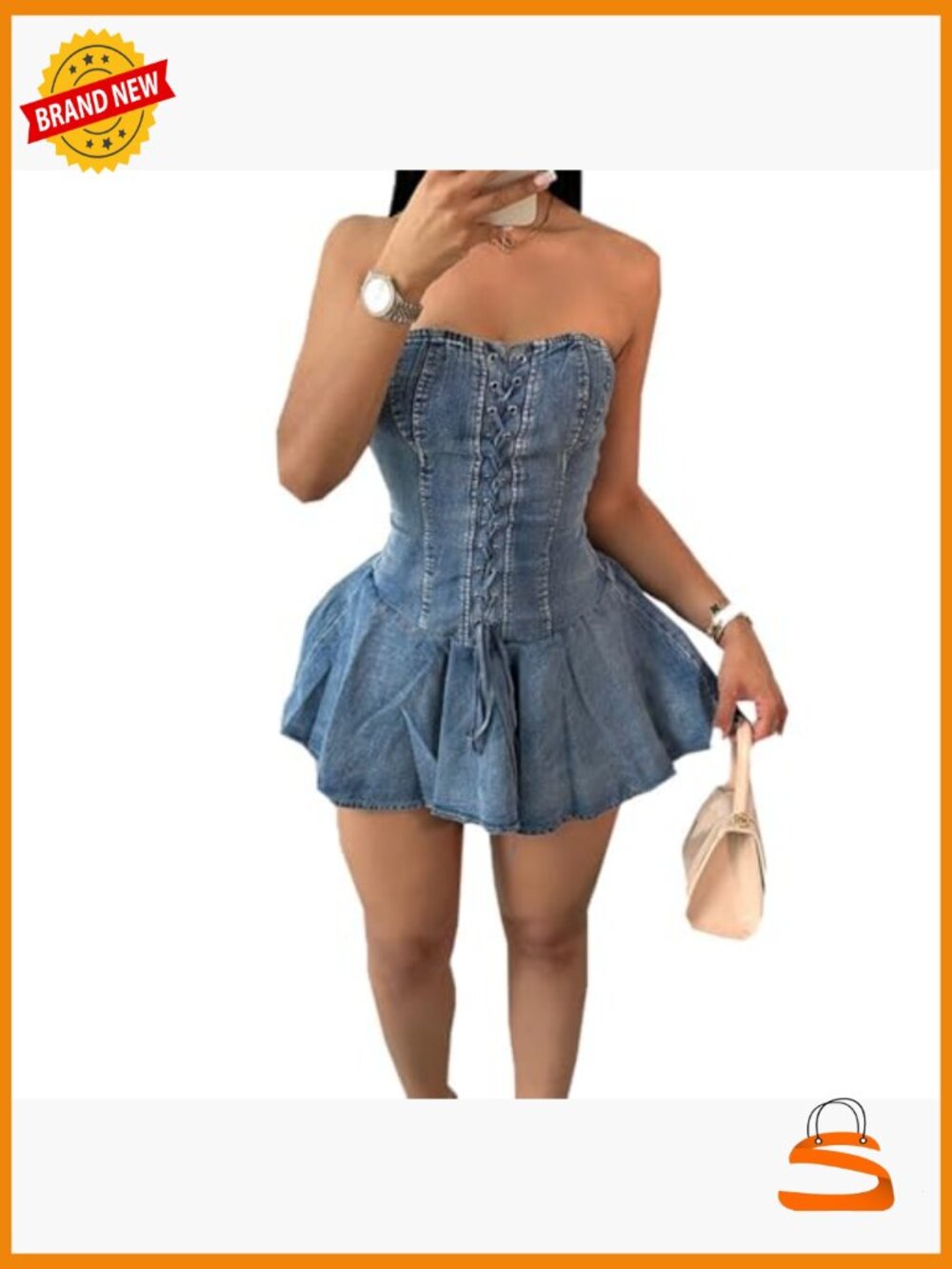 Strapless Denim Tube Mini Dress Ruffled Hem Bodycon Back Zipper - Picture 2 of 5